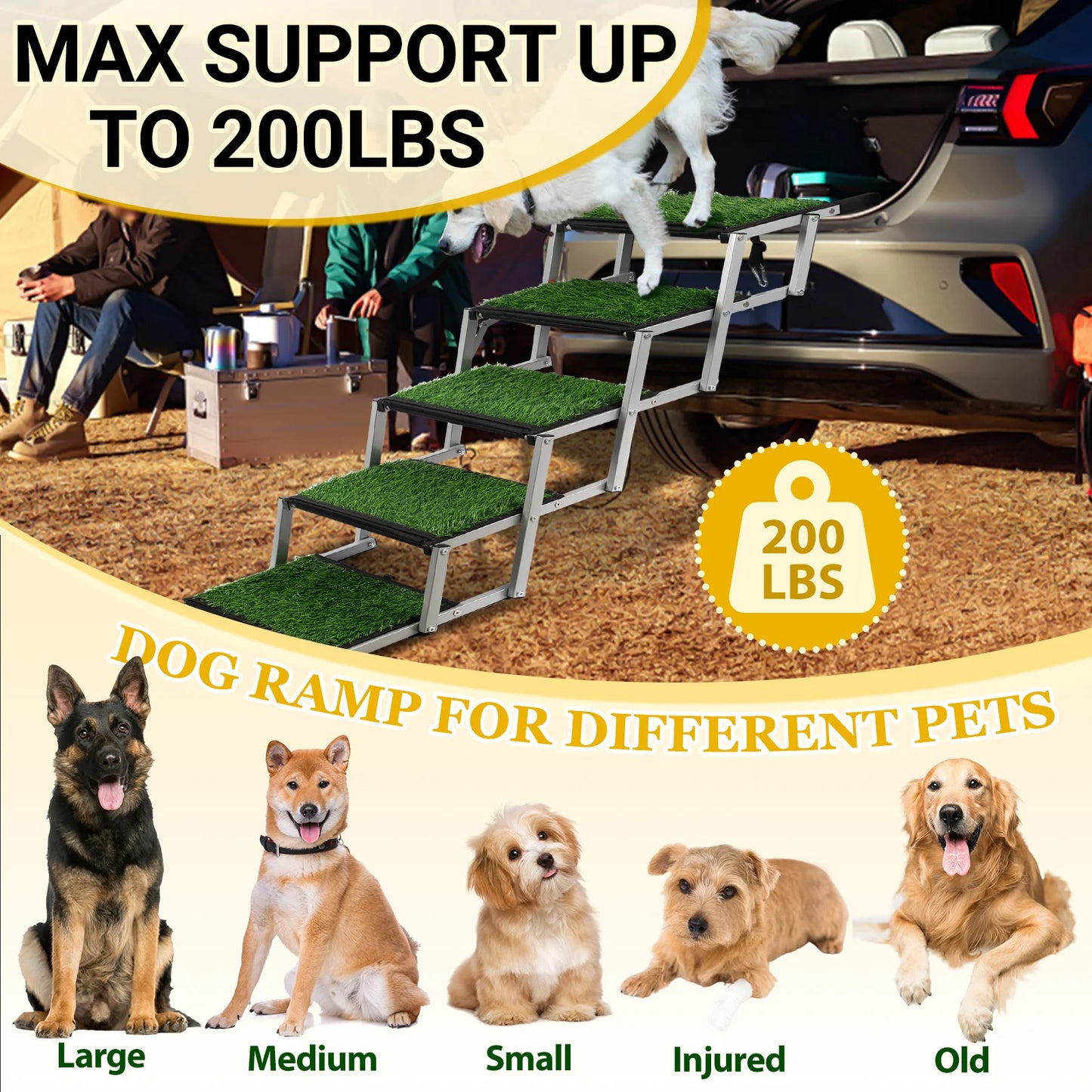 Extra Wide Dog Stairs for Large Dogs, Foldable Dog Ramp for Car with Non-Slip Surface, Dogs Stairs for Cars, High Beds, Truck, S