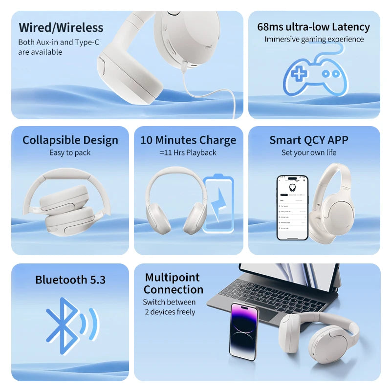 H3 Lite ANC Wireless Headphones Bluetooth 5.3 Active Noise Cancelling Over Ear Headset 40mm Driver HiFi Sound Earphones