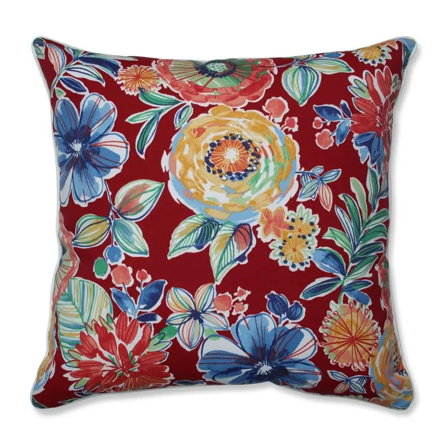 Bright Floral Indoor Outdoor Accent Throw Pillow, Plush Fill, Weather, and Fade Resistant, Floor 25 x 25, Red Blue Colsen, 1 Cou