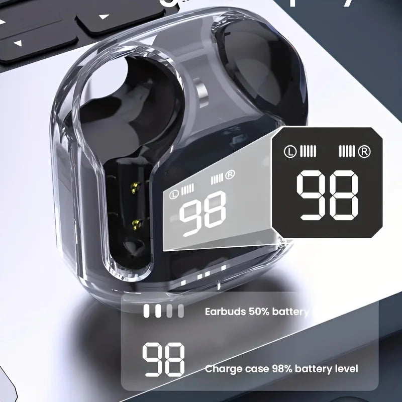 Transparent Wireless Earbuds with LED Display, ENC Noise Cancelling, HiFi Stereo Sound, Mini Charging Case, Sports Earphones