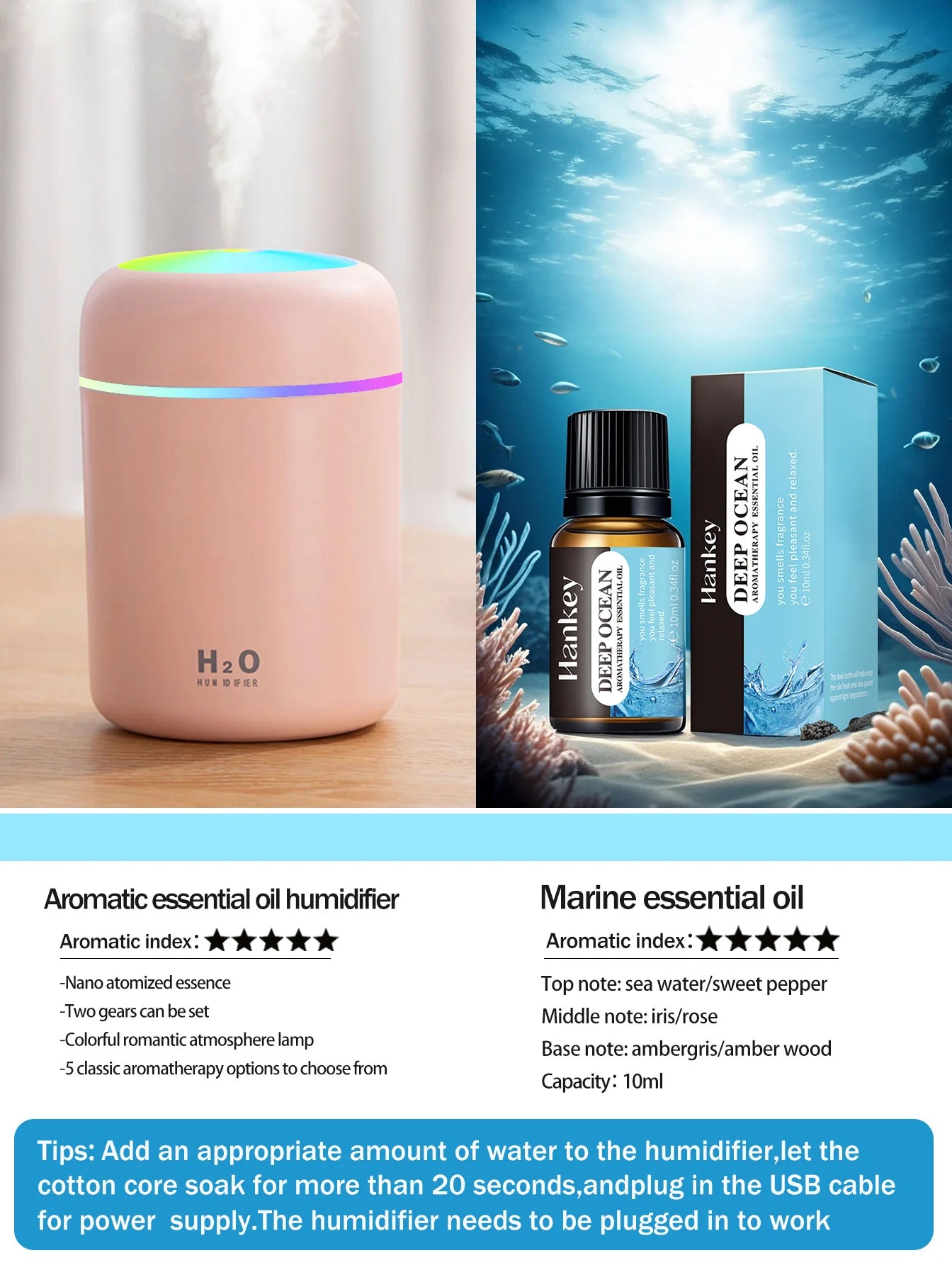300ml Aromatherapy Diffuser Humidifier Air Purifier Car Home Use Seven-color Light Aromatherapy Essential Oil