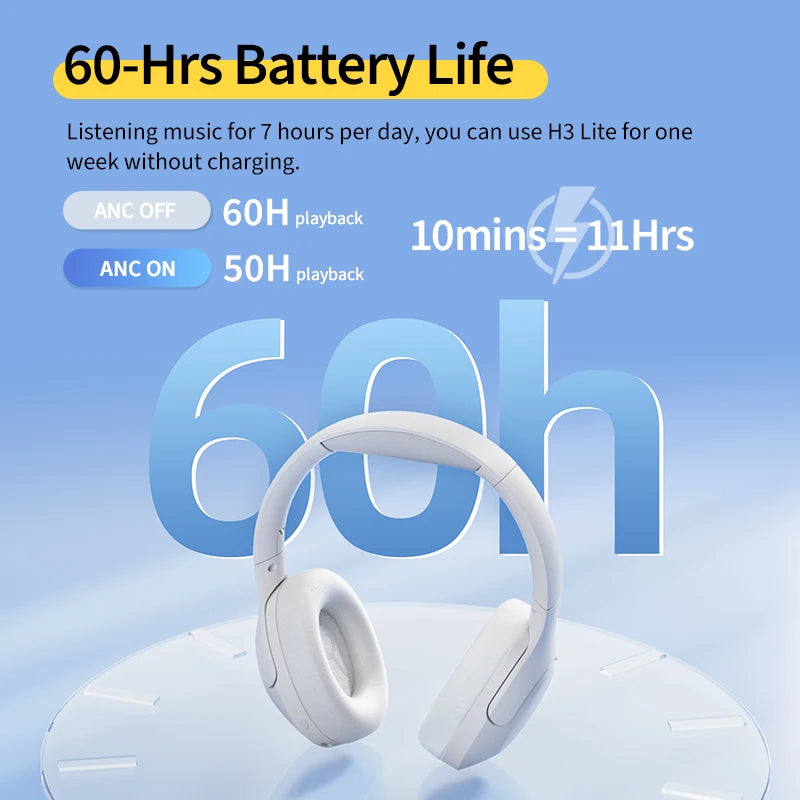 H3 Lite ANC Wireless Headphones Bluetooth 5.3 Active Noise Cancelling Over Ear Headset 40mm Driver HiFi Sound Earphones
