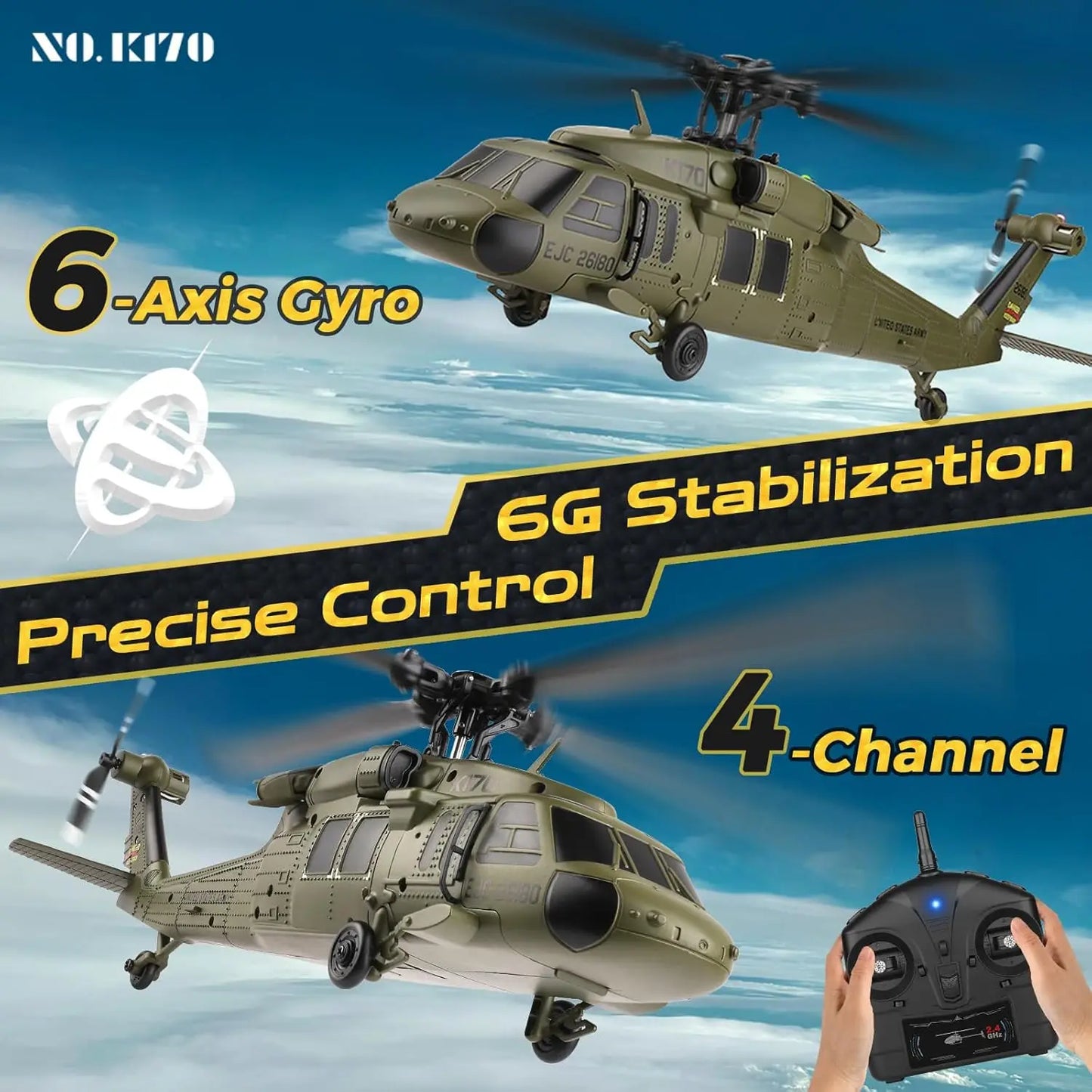 WLtoys K170 Brushless 4-CH RC Helicopter,Full-Scale UH60L Black Hawk,6-Axis Gyroscope, One Key Take-Off/Landing with 3 Batteries
